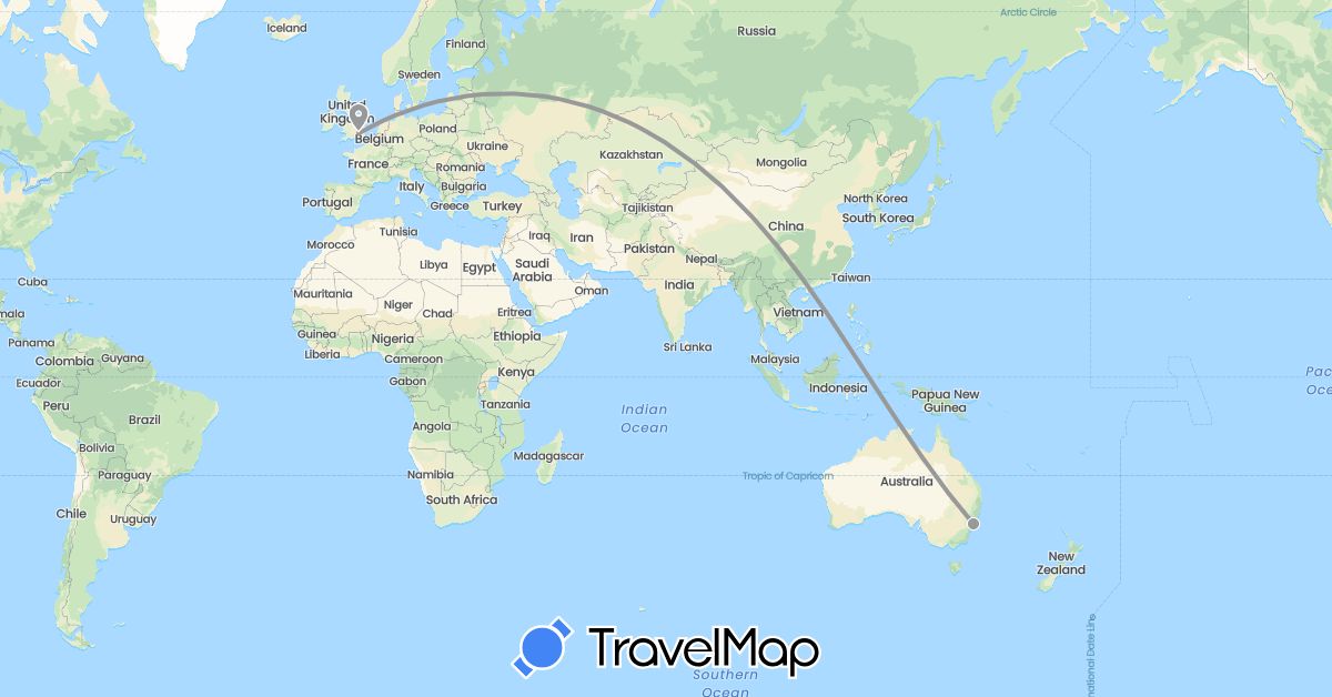 TravelMap itinerary: driving, plane in Australia, United Kingdom (Europe, Oceania)